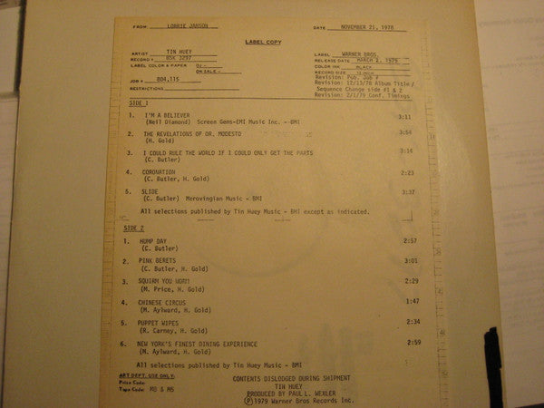 Tin Huey – Contents Dislodged During Shipment(Test Pressing) LP