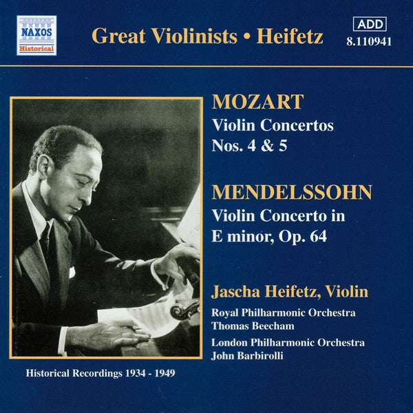 Mozart, Mendelssohn, Jascha Heifetz – Violin Concertos Nos. 4 & 5 / Violin Concerto In E Minor, Op. 64 - CD