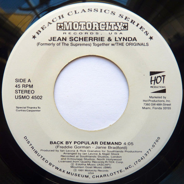 Jean, Sherrie & Lynda Formerly Of The Supremes Together w/ The Originals - Back By Popular Demand 7"
