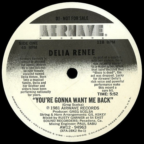 Delia Renee – You're Gonna Want Me Back 12"