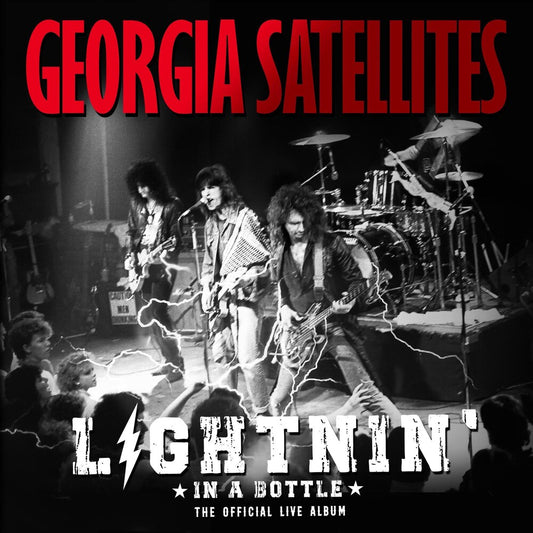 the album cover for The Georgia Satellites - Lightnin' In A Bottle: The Official Live Album [Indie Exclusive Limited Edition Red & Black Smoke 2LP]