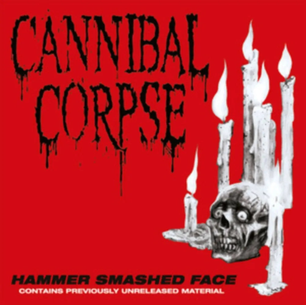 the album cover for Cannibal Corpse - Hammer Smashed Face - Clear & Red Splatter Vinyl