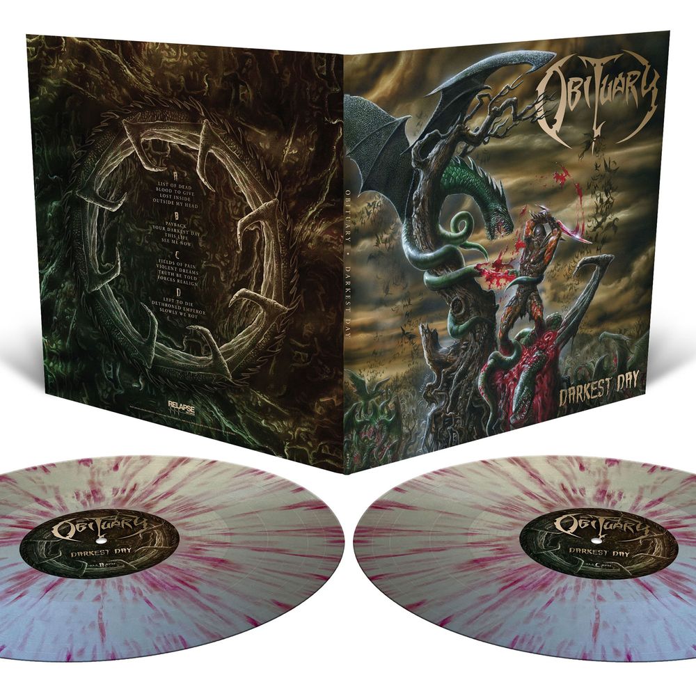 the album cover for Obituary - Darkest Day - [Orchard Indie Exclusive Silver with Blood Red Splatter 2LP]