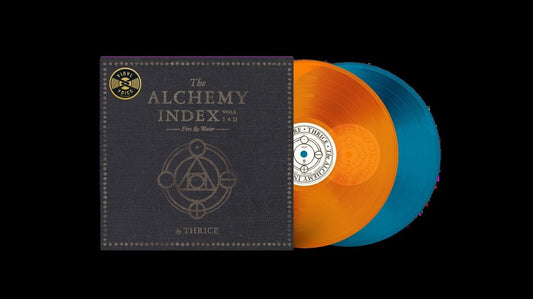 the album cover for Thrice - The Alchemy Index V.1 + V. II [Translucent Orange &amp; Sea Blue vinyl]