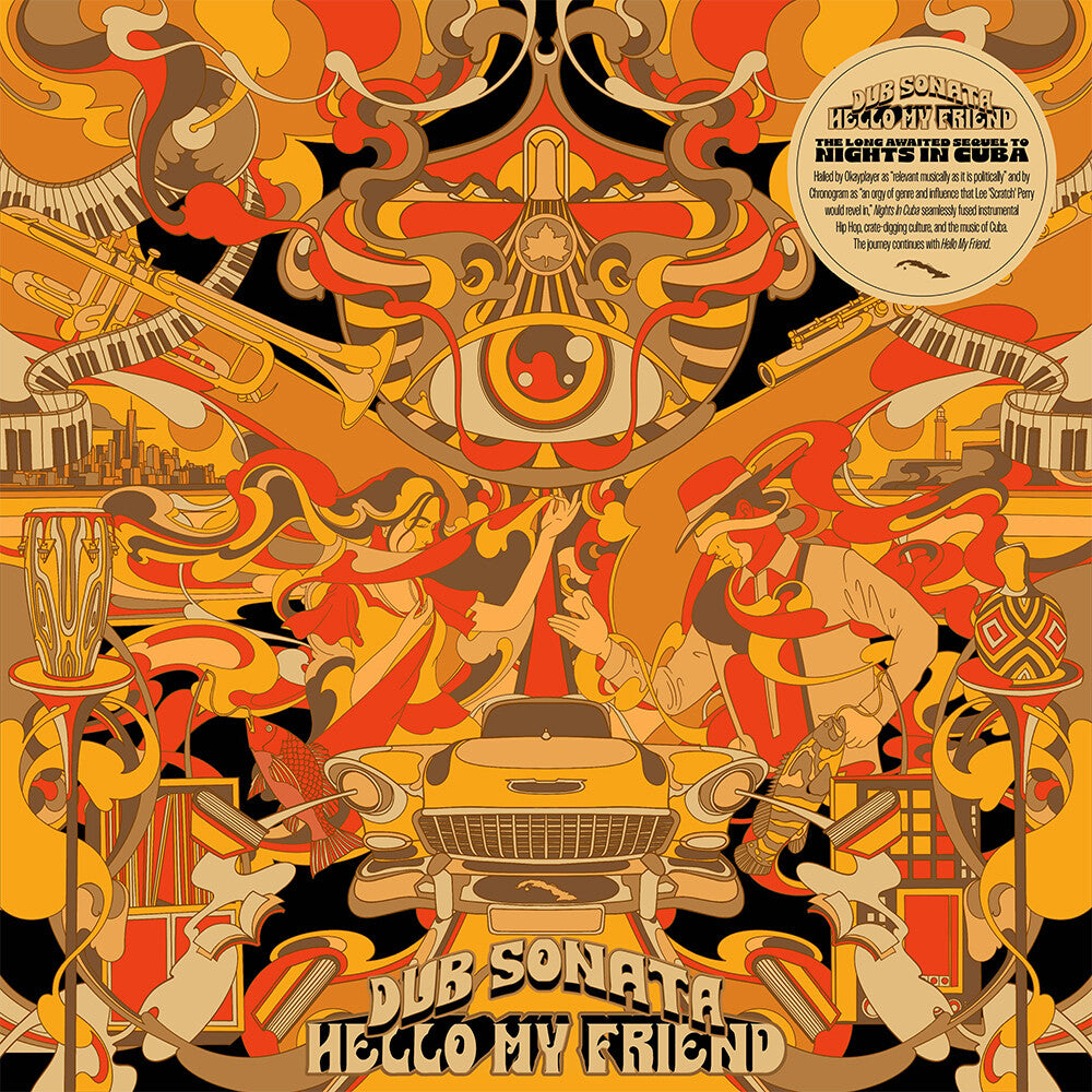 the album cover for Dub Sonata - Hello My Friend [Orange, Yellow & Black Splatter]