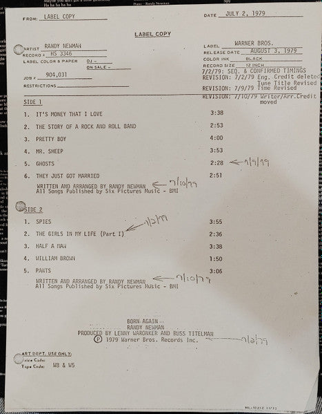 Randy Newman - Born Again (Test Pressing)