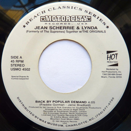 Jean, Sherrie & Lynda Formerly Of The Supremes Together w/ The Originals ‎- Back By Popular Demand 7"
