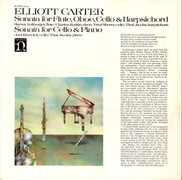 Elliott Carter – Sonata For Flute, Oboe, Cello & Harpsichord / Sonata For Cello & Piano LP