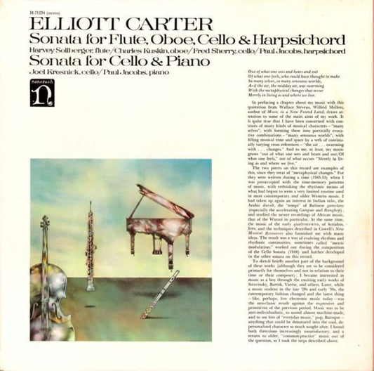 Elliott Carter – Sonata For Flute, Oboe, Cello & Harpsichord / Sonata For Cello & Piano LP